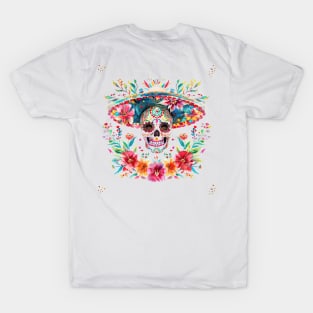 Skull wear mexican hat Cinco de mayo colorful watercolor T-Shirt